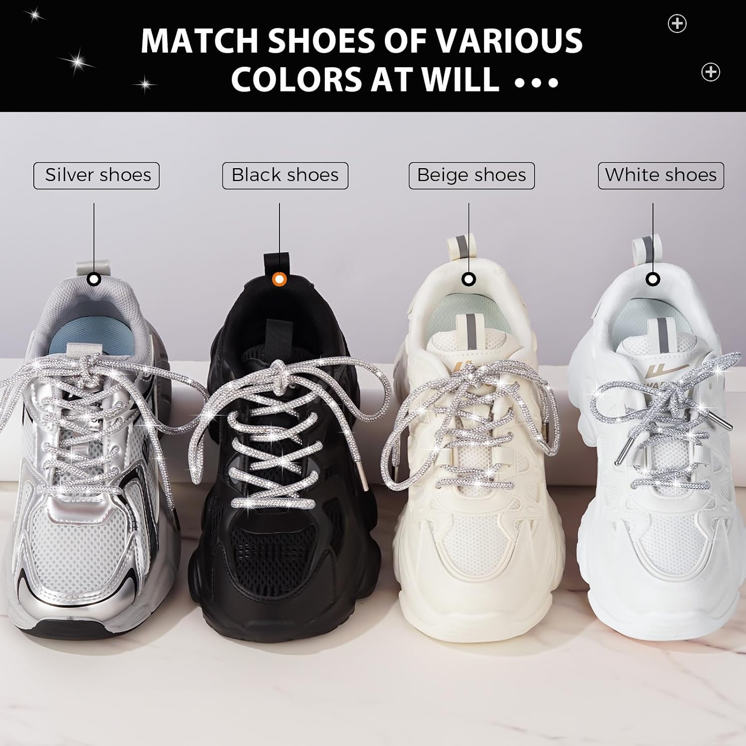 Rhinestone Glitter Rope 47in 2PCS, Sparkly Round Shoelaces for Sneakers, Replacement Laces for Women & Men