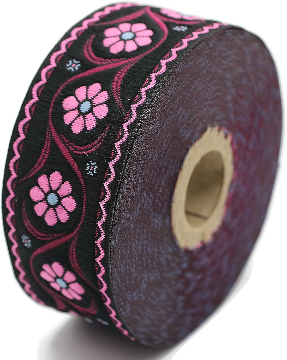 11 Yard Spool 1.37" Pink and Black Daisy Blossom Jacquard Ribbon Trim Woven Border Embroidery Lace Tape DIY Craft Accessories Embellishment 35938 V3