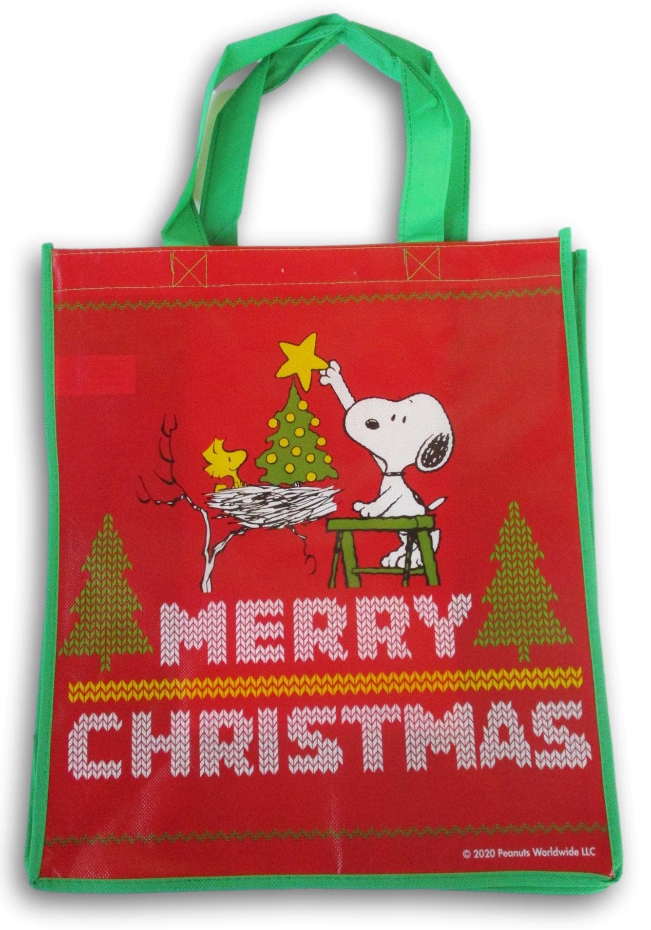 Peanuts Snoopy with Woodstock Decorate the Tree Reusable Tote Bag ''Merry Christmas'' - 13.5 x 15 Inch