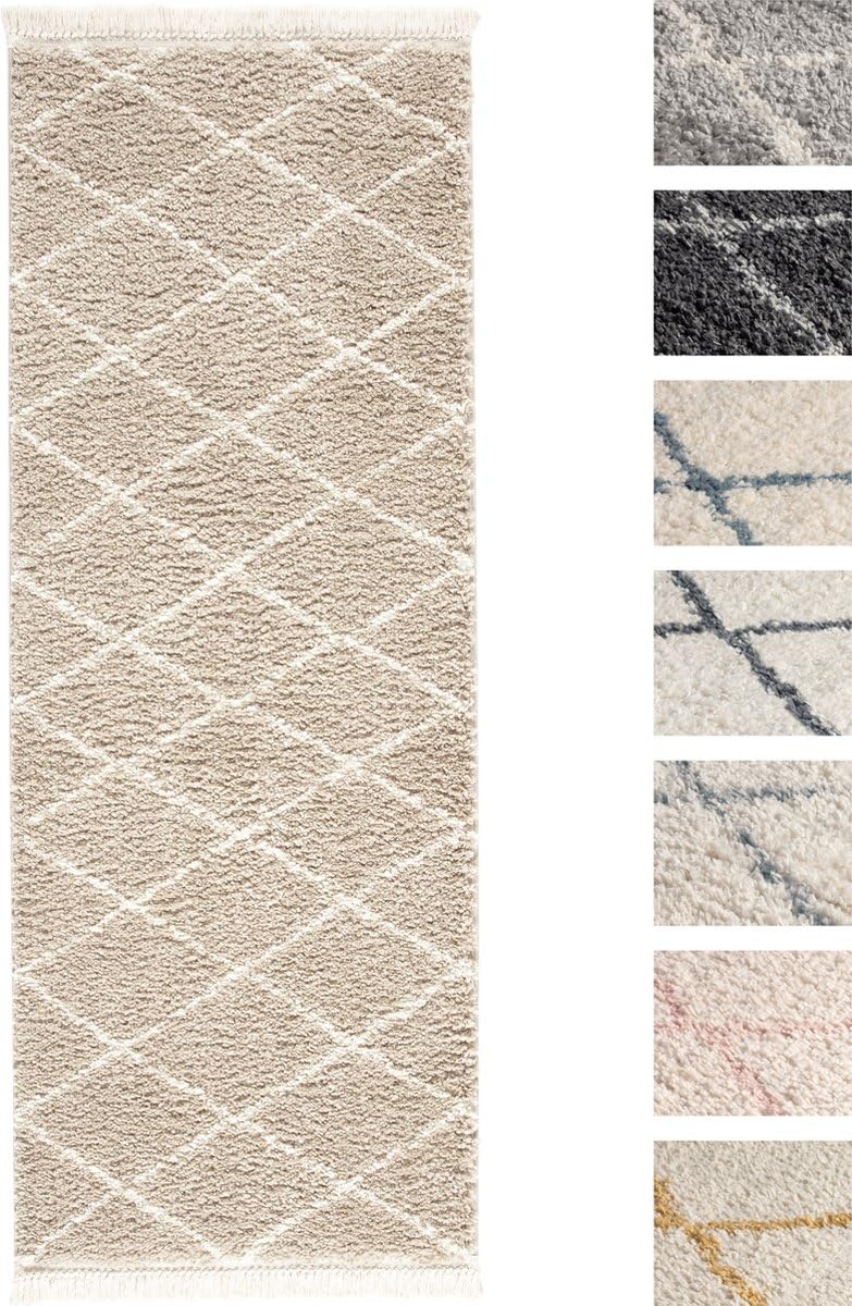 TESSO LIVING Shaggy Tapis Couloir 80 x 300 Beige Dessin Diamant, Tapis Poils Longs Extra Doux