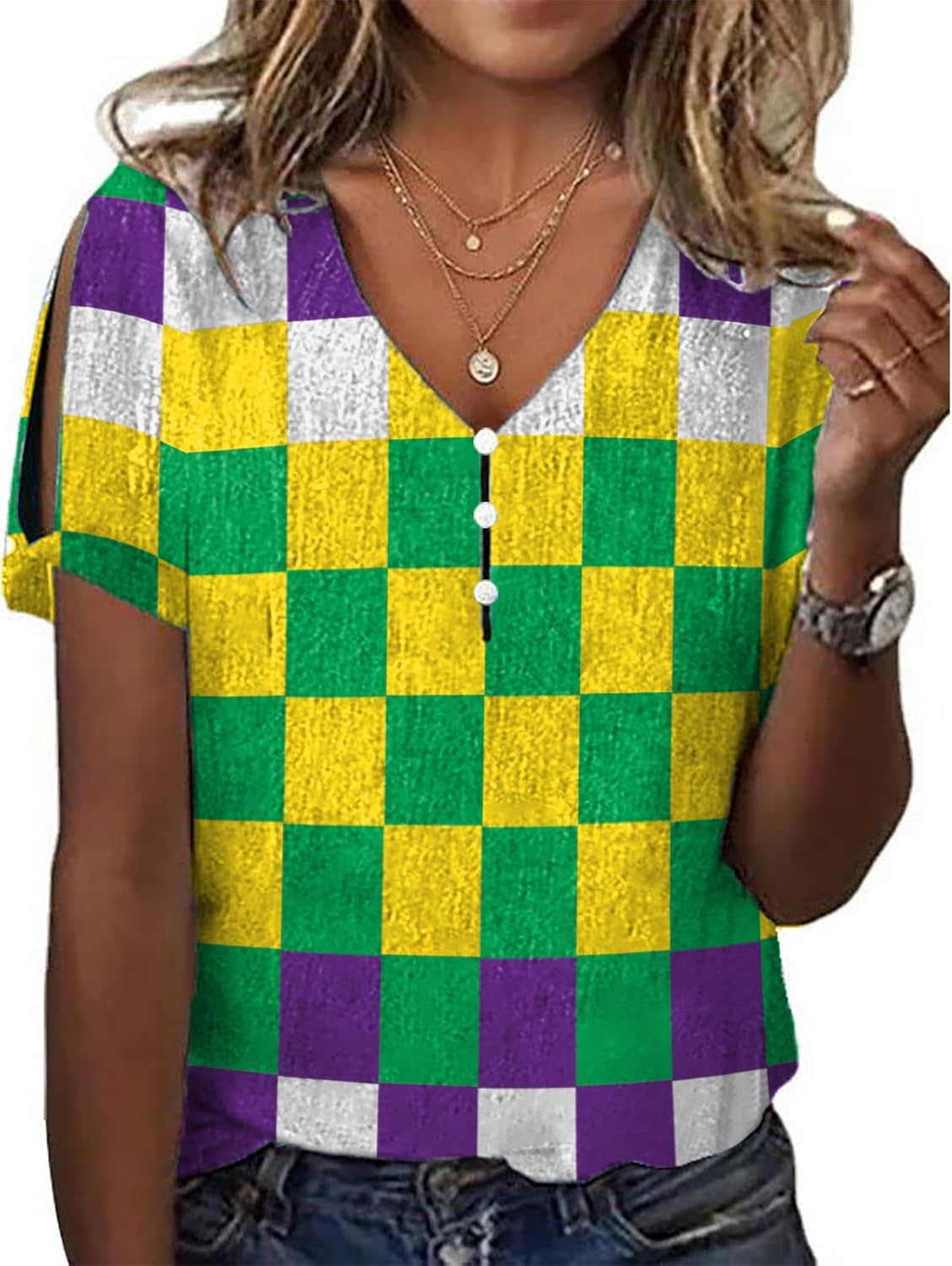 Mardi Gras Tops for Women Purple Striking Hide Belly Short Sleeve Floral Hawaiian Stylish Casual Streetwear