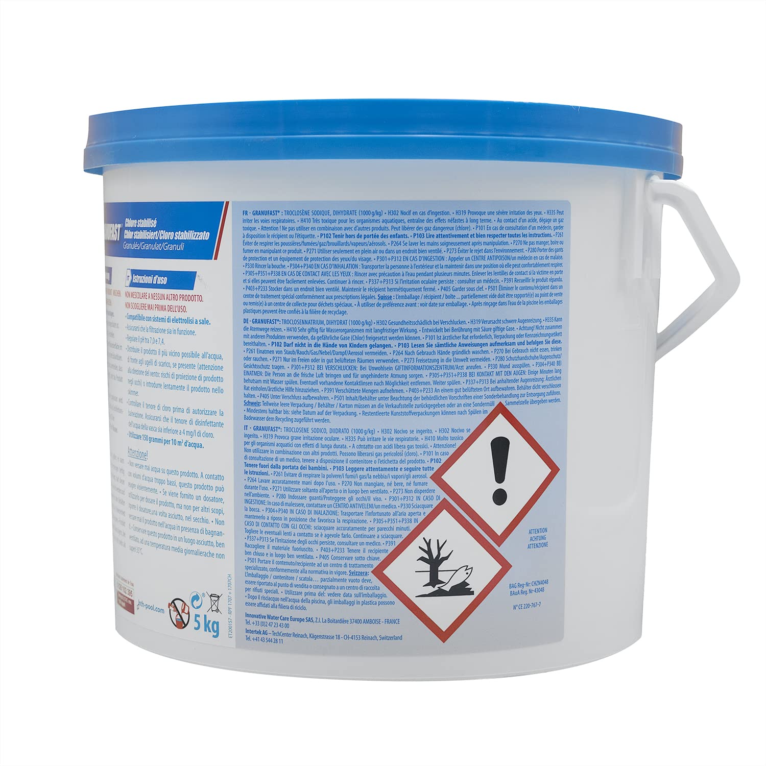 HTH GRANUFAST Granulés - 5kg | Chlore Choc Stabilisé - Désinfection Choc - Dissolution Rapide + 10 Tests HPS OFFERTS 6 en 1