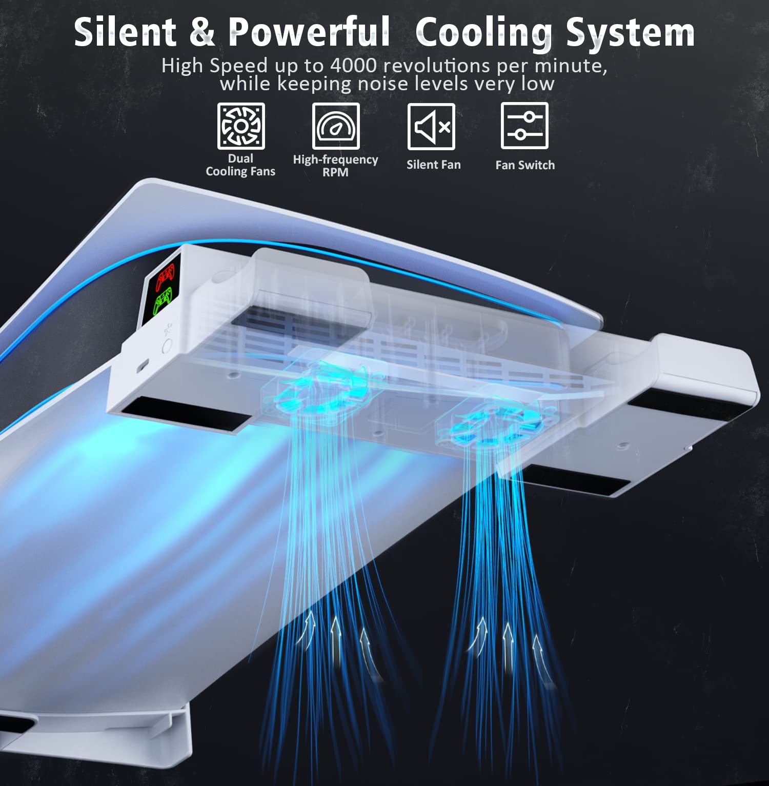PS5 Support Horizontal avec Ventilateur de Refroidissement à 3 Niveaux, Support Horizontal PS5 et Chargeur Manette PS5, Station de Charge et Accessoire pour PlayStation 5