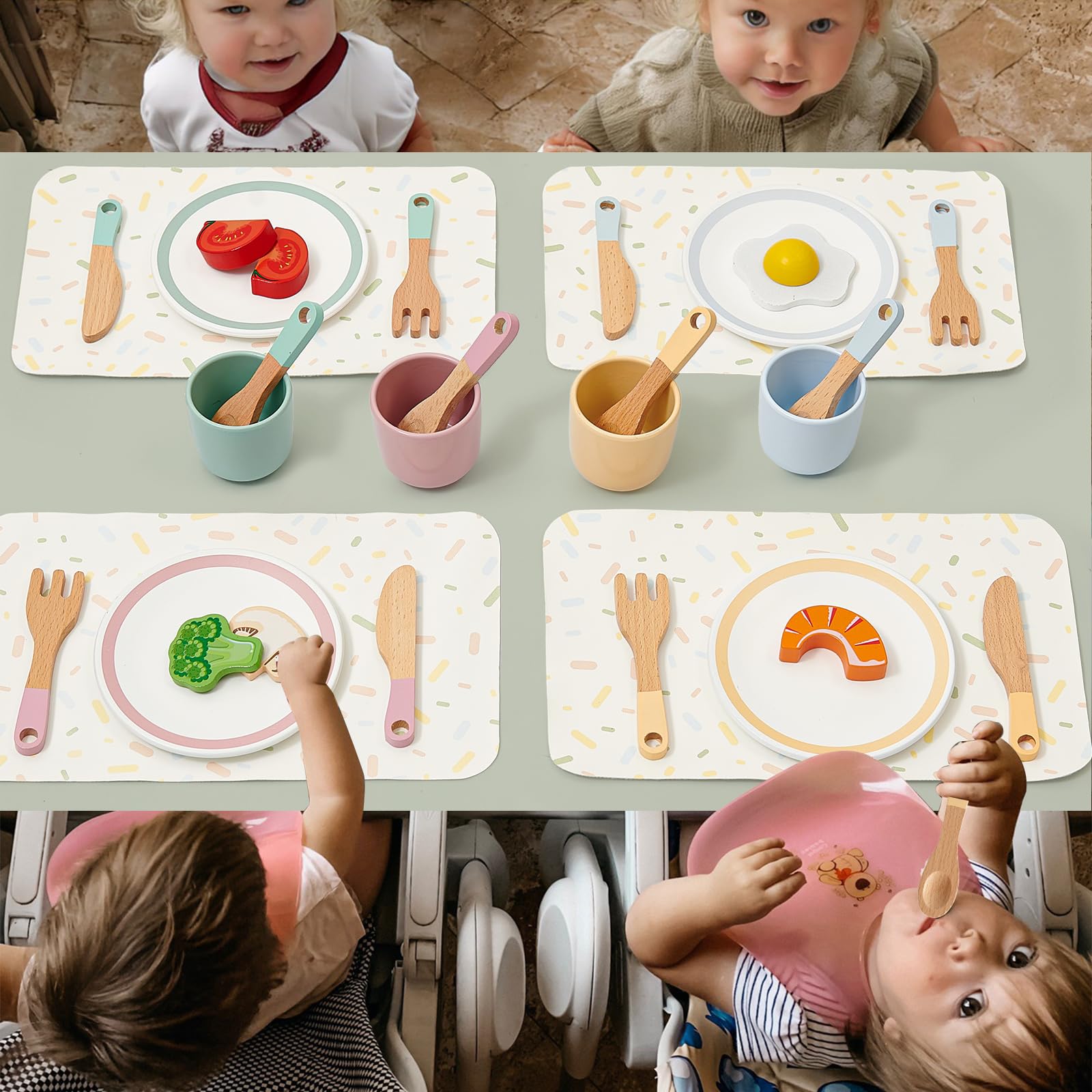 Atoylink Kinderküche Zubehör Holz, 33 Pcs Geschirrset mit Tassen Teller, Spielküche Zubehör Geschirr Teeservice Kinder Küchenzubehör Spielzeug Rollenspiel Geschenk für Mädchen Jungen 3 4 5 6 7 8 Jahre