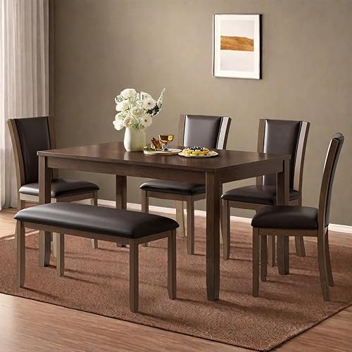 Dining Table Set for 6, Farmhouse 6 Piece Dining Room Table Set with Rectangular Table, 4 Upholstered Backrest Chairs and Bench, Counter Height Kitchen Sets with Warm Woodgrain Finish, Walnut