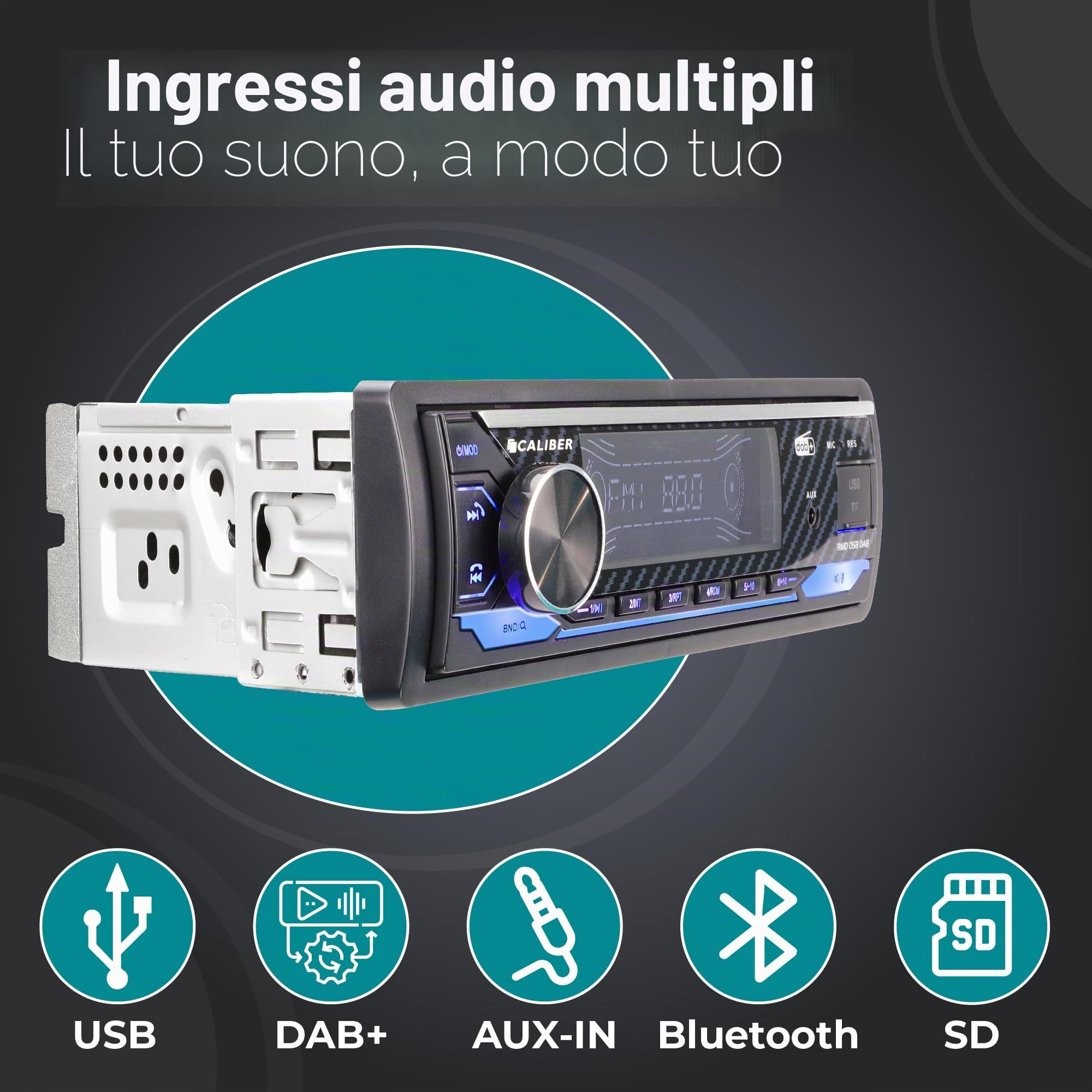 Caliber Autoradio Bluetooth 1DIN, DAB+/FM Tuner, 4 x 100 W, USB/Micro SD, 2.1 A, funzione di ricarica, Aux-in, vivavoce, microfono esterno, uscita RCA, spettacolo di luci MP3/WMA/APE/FLAC/AAC