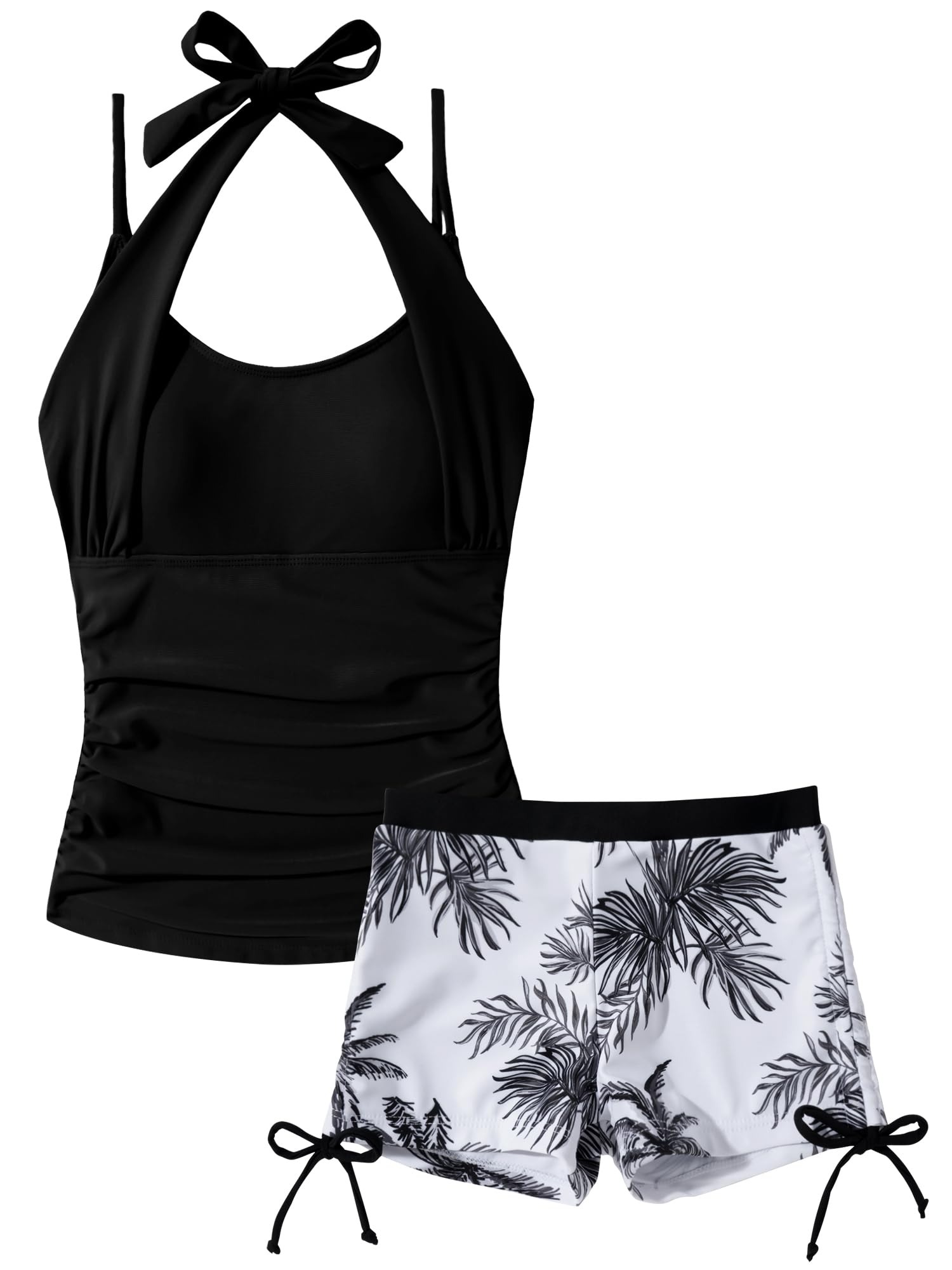 Happy Cherry Girls Two Piece Summer Swimsuits for Junior Cute Drawstring Tankini Set Vest Top with Swim Shorts Tropical Printed Beach Swimming Suits Trendy Halter Neck Swimwear Black 13-14 Years