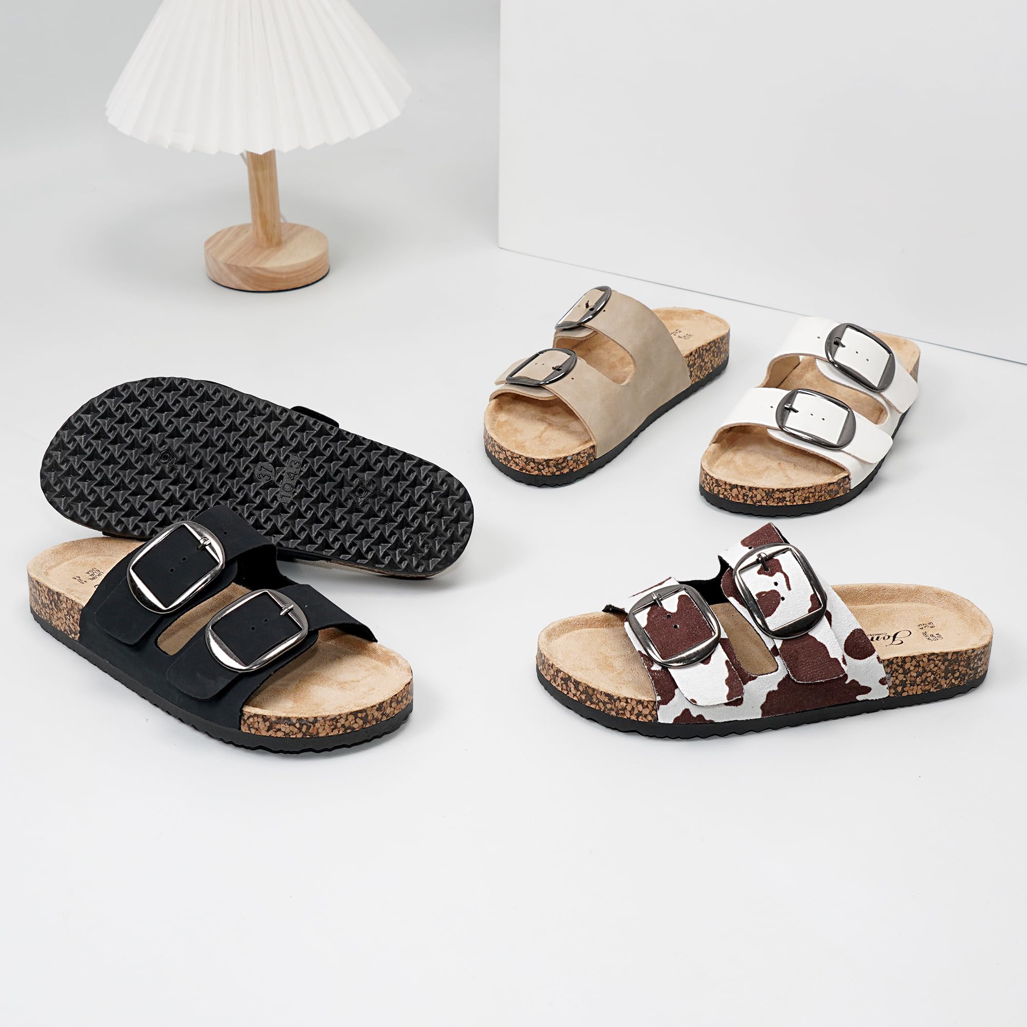 JOMIX Sandalias Mujer con Hebillas Ajustables Zuecos Abiertos de Piel Sintética Zapatos de Verano con Tacón Plano