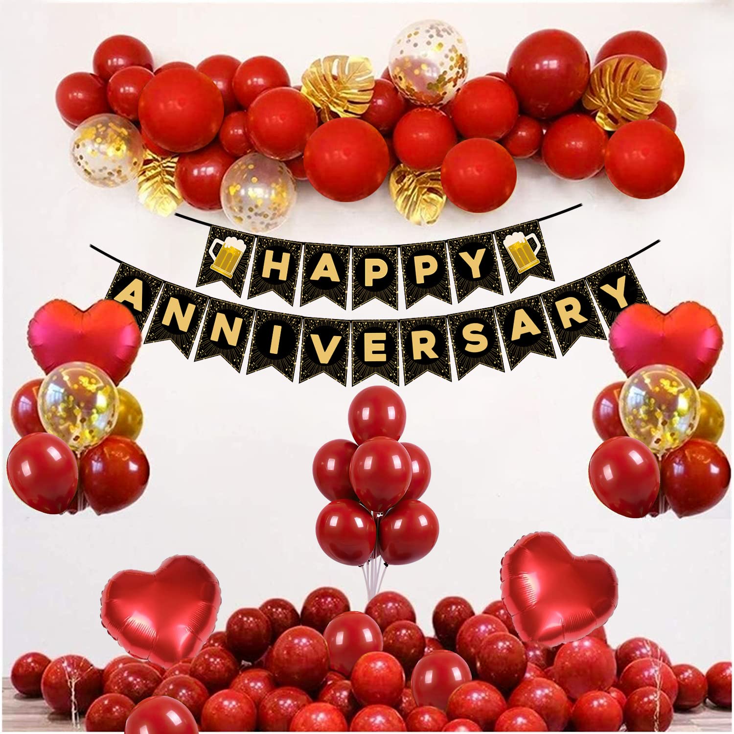 Party Propz Happy Anniversary Decoration Kit For Home -35 Items Red Combo Set Paper Banner (cardstock), Metallic Balloons, Heart Foil Balloons anniversary decoration items For Bedroom