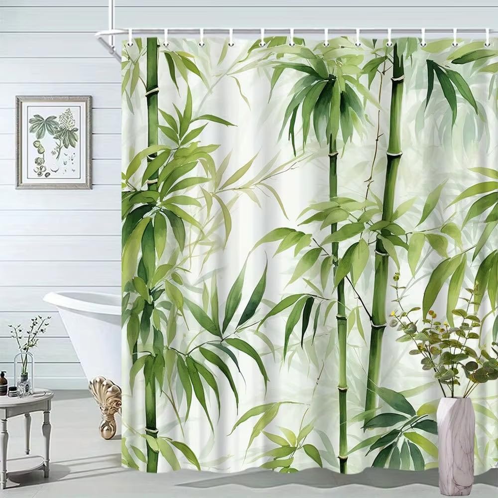 Rideau de douche moderne motif bambou vert 90x195 cm pour décoration salle de bain