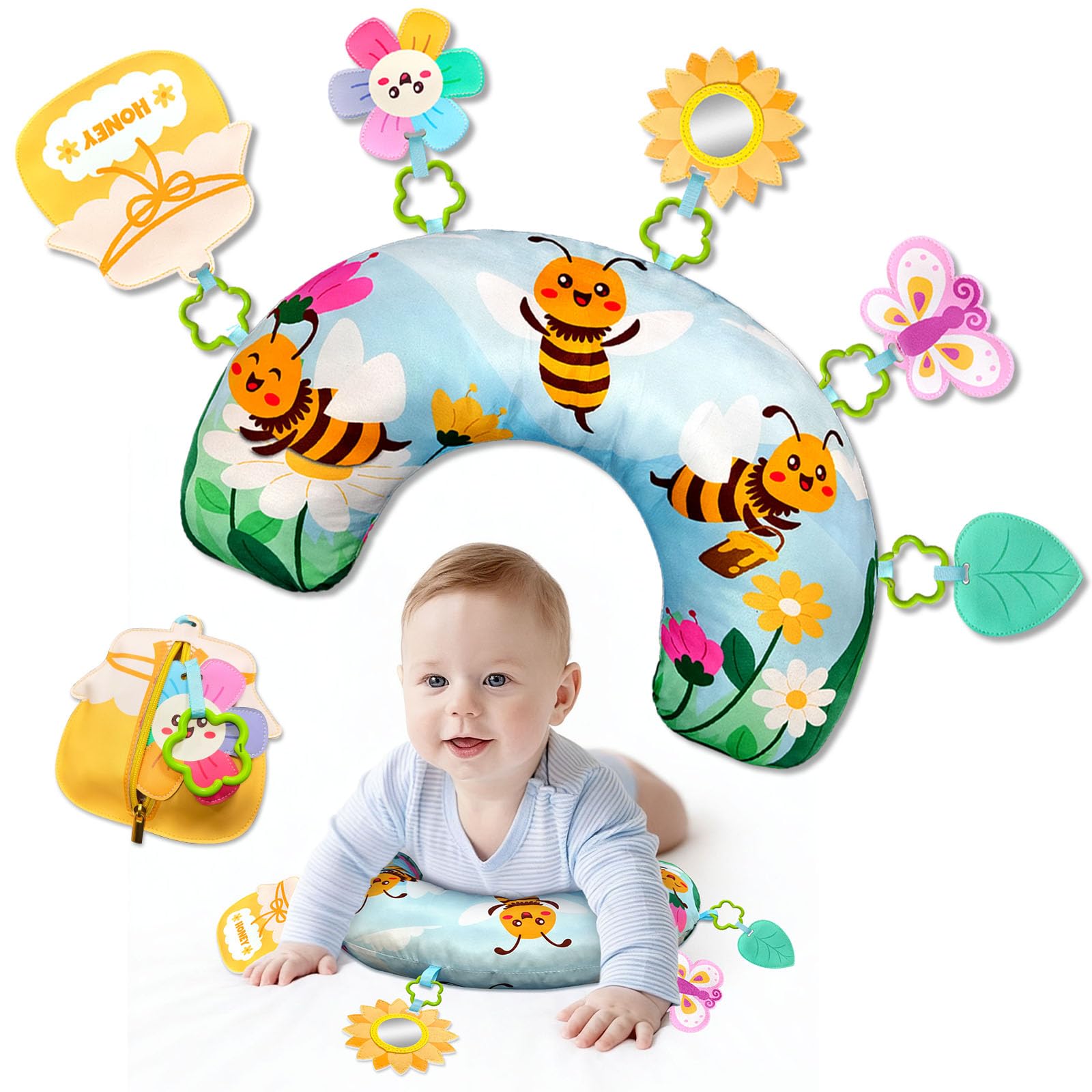 Ape Baby Tummy Time, cuscino per bambini, giocattolo sensoriale con specchio di girasole rimovibile, vaso di miele, tasca con cerniera per bambini da 0 a 24 mesi