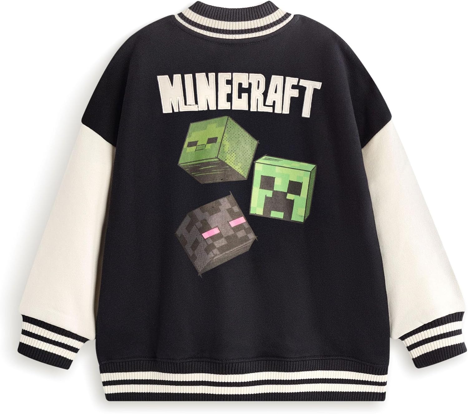 Minecraft Creeper Bomber Jacket in Black & White | Boys Varsity Jacket Adventure Club Graphics Outerwear