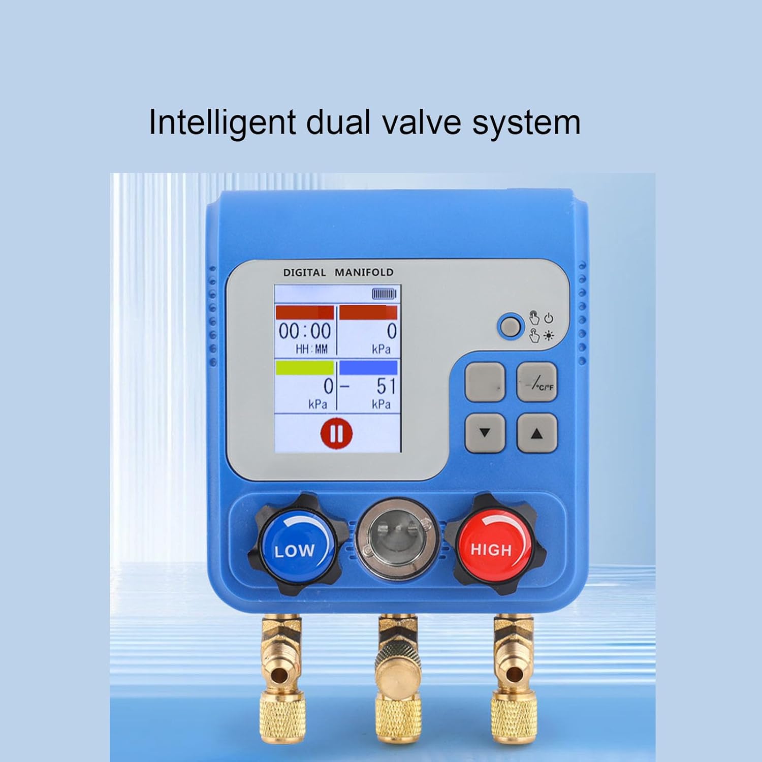 Generic Dual Digital Manifold, HVAC Auto AC Pressure Temperature Test with 3 Port Color Display for 94 Refrigerants R32 R1234yf R410A R134a