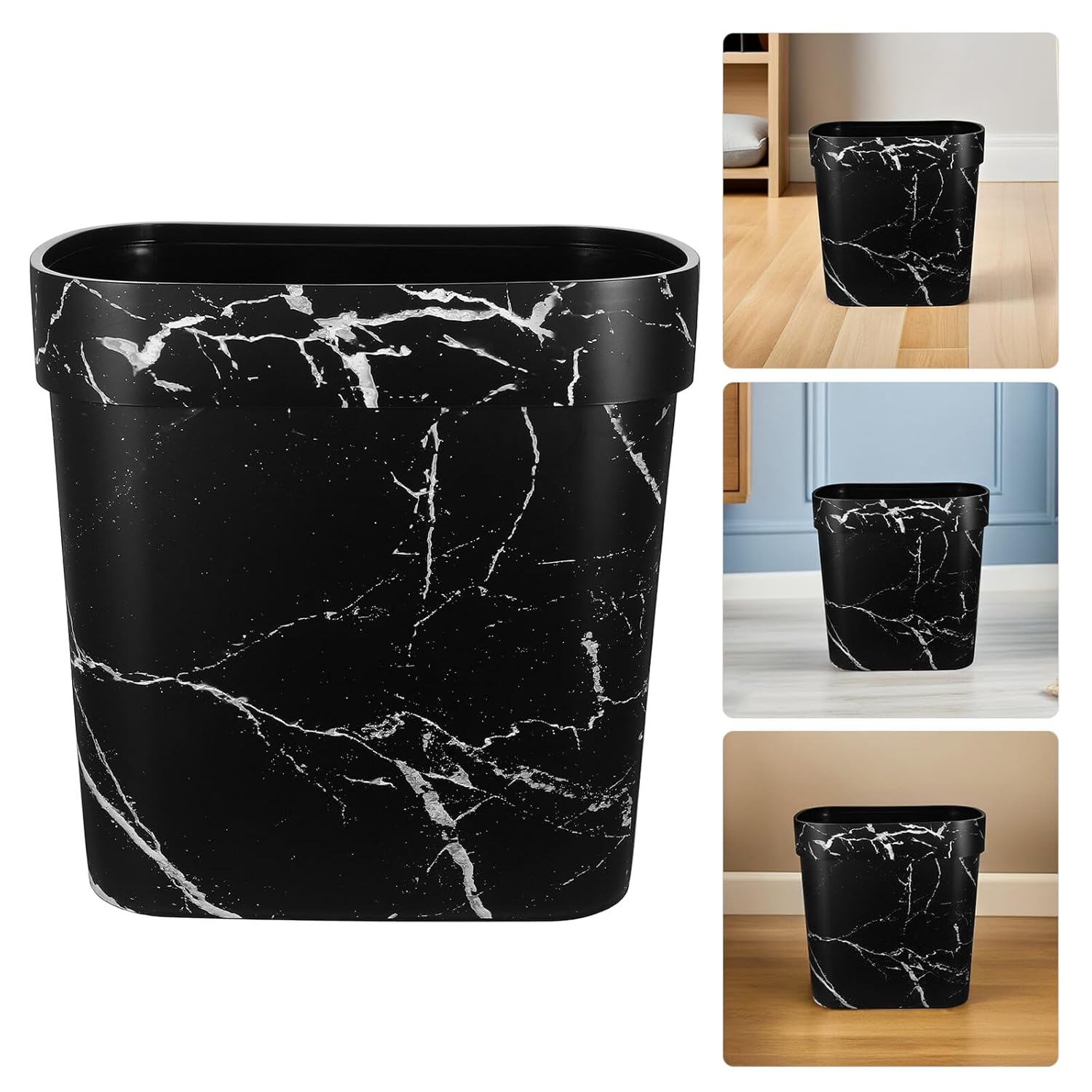 Marble Pattern Plastic Garbage Bin Oval Narrow Open Top Wastebasket for Bathroom Kitchen Bedroom, Black Rubbish Can for Home Storage and Organization