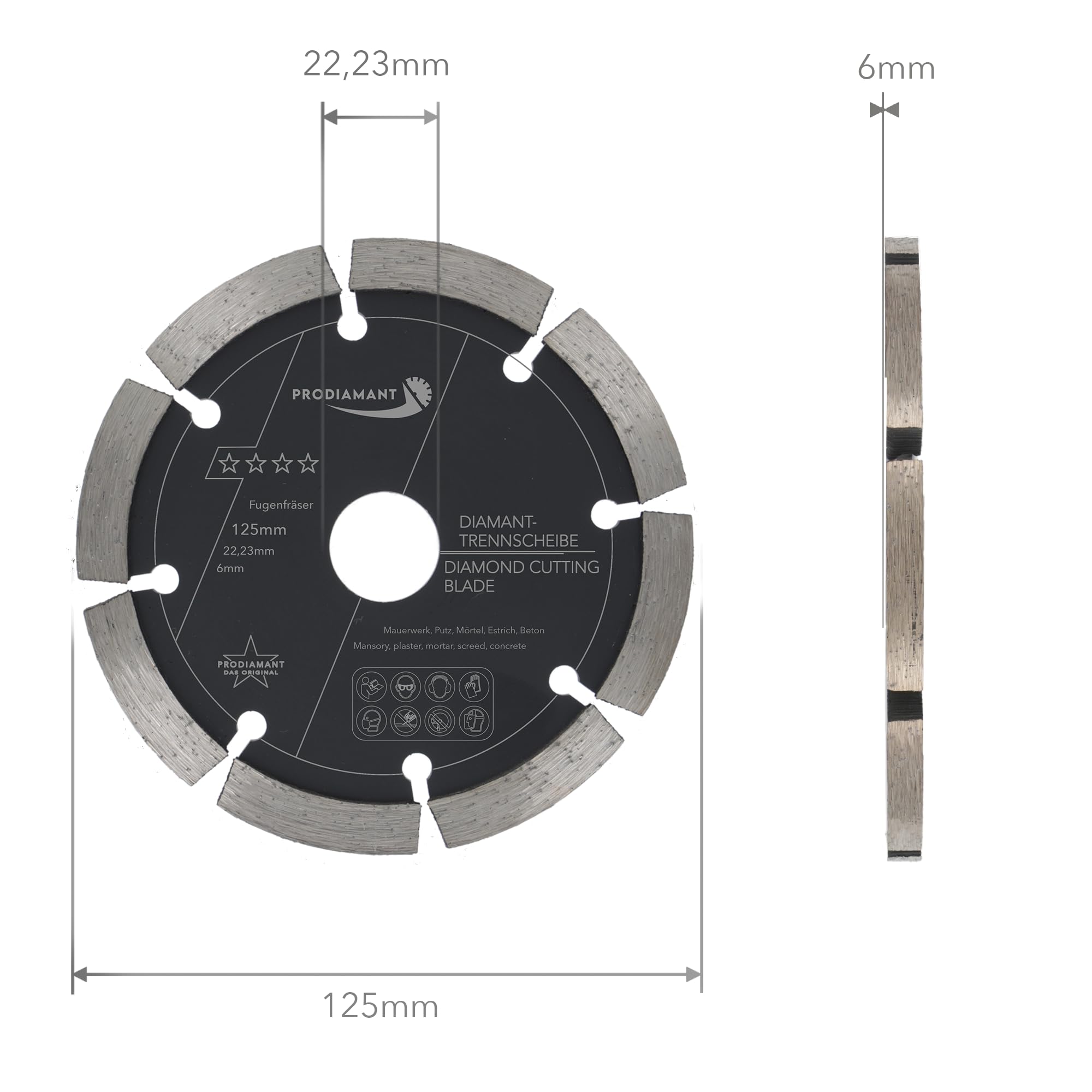 PRODIAMANT Fugenfräser ø 125mm Breite 6mm Frässcheibe für Mauerwerk Mörtel Fugen und Putz 10mm Segmenthöhe