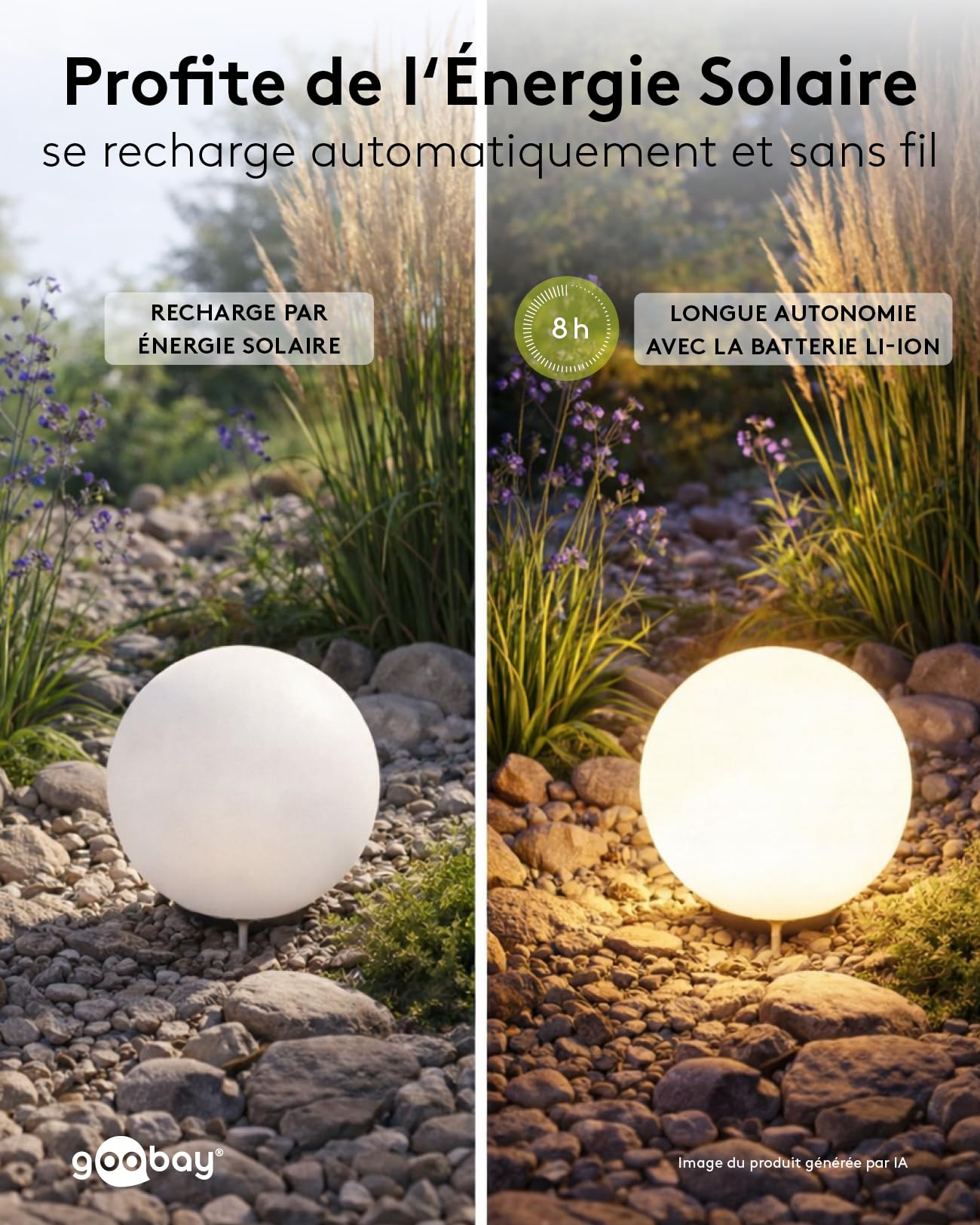 goobay LED Solar Ball 35 cm - Boule lumineuse RGB d'extérieur, résistante à l'hiver, étanche | Lampe solaire, lampe décorative pour terrasse, balcon, jardin, avec 10 modes d'éclairage et piquet