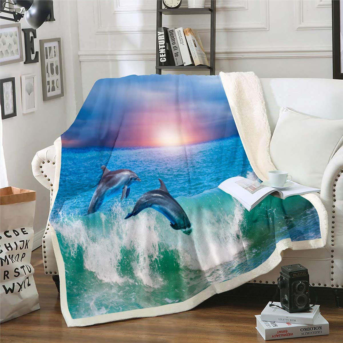Loussiesd Dolphin Fleece Blanket Ocean Marine Themed Blanket Sea Creatures Sherpa Blanket for Couch Travel Sofa Sea Sunset Scenery Plush Room Decor King 79"x90" — image 1