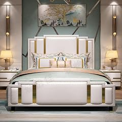 King Size Luxury Genuine Leather Bed Set Upholstered Platform Bed Frame with Wingback Headboard and Lift Up Storage