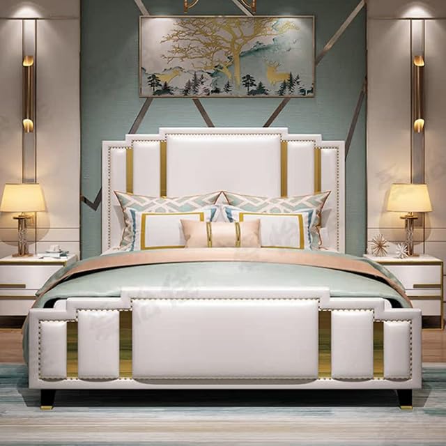 King Size Luxury Genuine Leather Bed Set Upholstered Platform Bed Frame with Wingback Headboard and Lift Up Storage