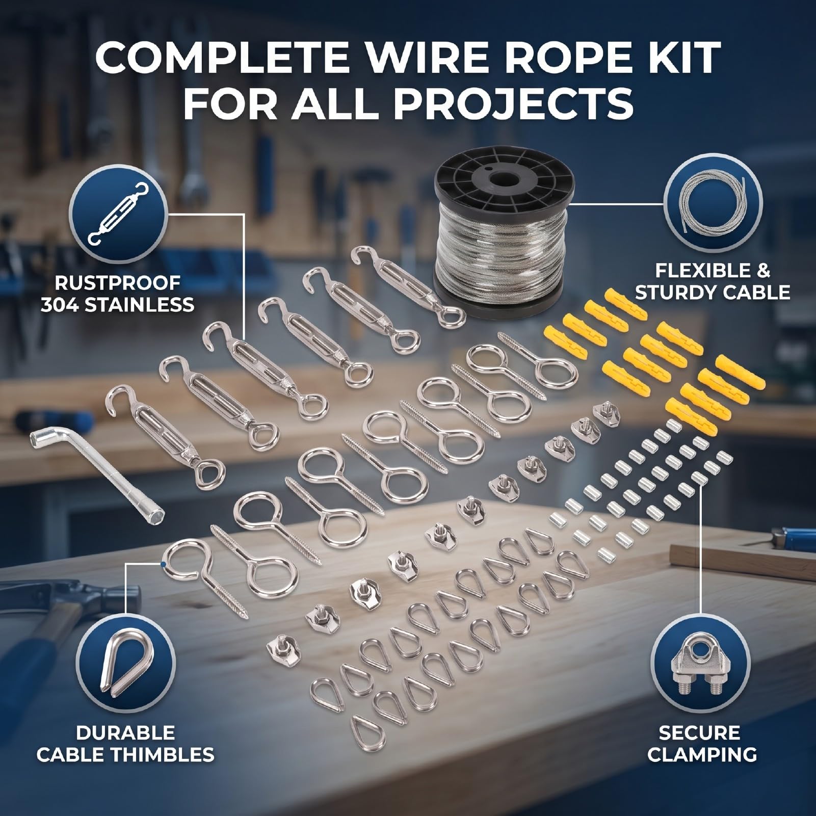 Kit di Attrezzi per Crimpare Fune, Cavo in Acciaio Inossidabile da 60 M 2 Mm con 30 Manicotti di Crimpatura 20 Ditali 12 Morsetti per Corda per Luce a Corda per Recinzione a