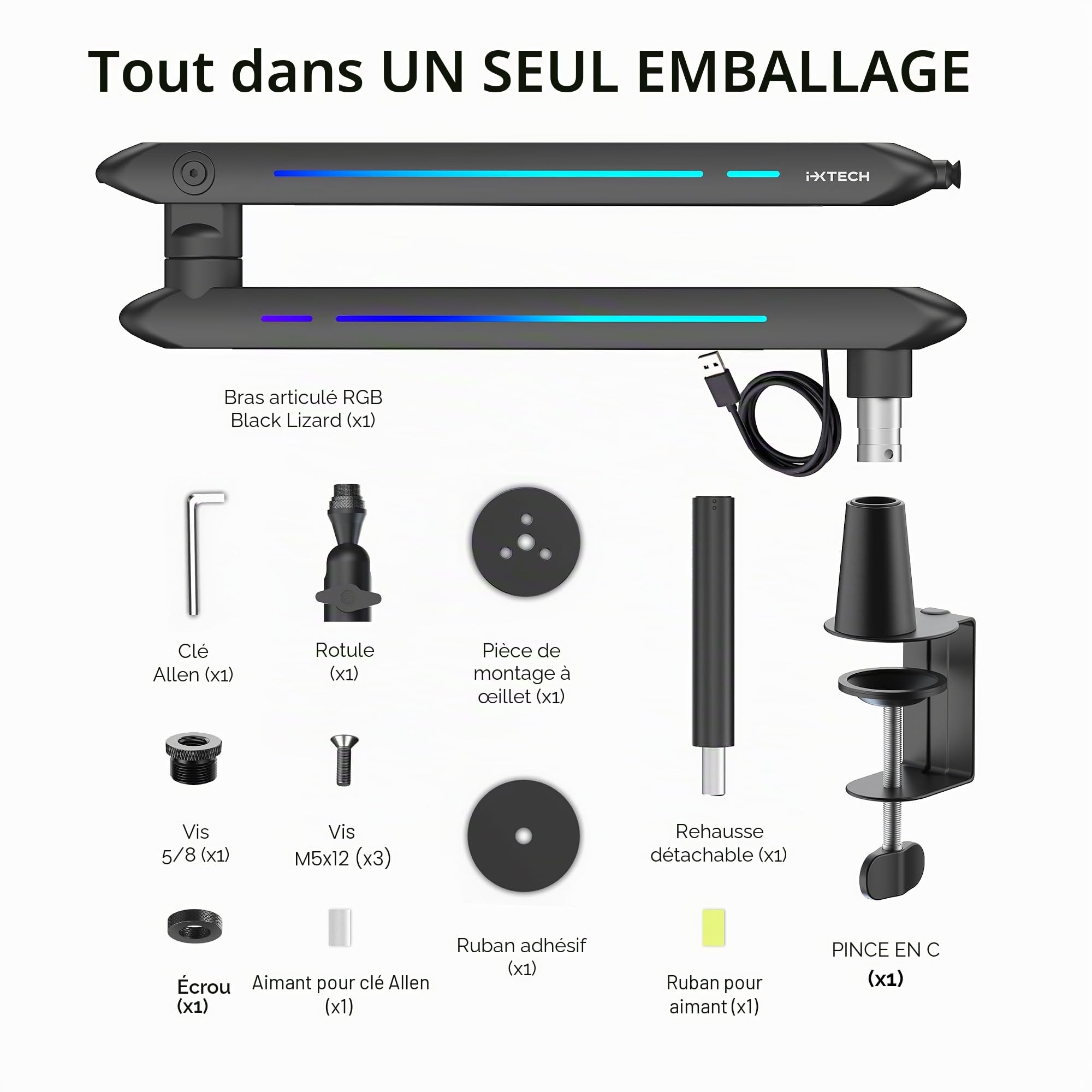 IXTECH Bras de microphone RVB à profil bas, support réglable avec pince de bureau, rotatif pour gestion des câbles pour podcast, streaming