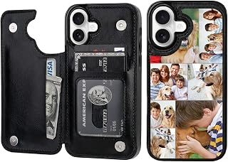 Styletify Personalized Photo Wallet Phone Case for iPhone 17,Custom Multi-Picture Text PU Leather Flip Case with Card Slots Double Magnetic Clasp Kickstand Shockproof Cover Customized Gift Black E