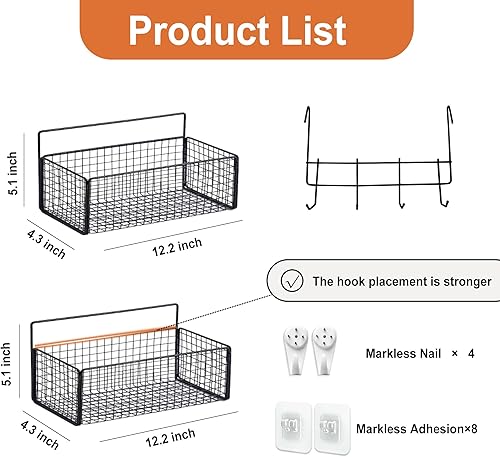 Miniatura 2 de Cestas colgantes de metal, paquete de 2 unidades, organizador de almacenamiento de pared de alambre con ganchos, estantes adhesivos para cocina,