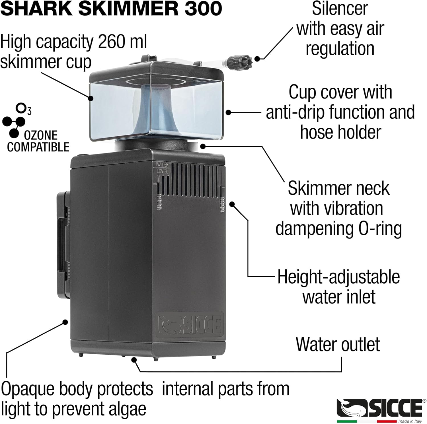 Labeled diagram of Sicce Shark Nano Skimmer external parts