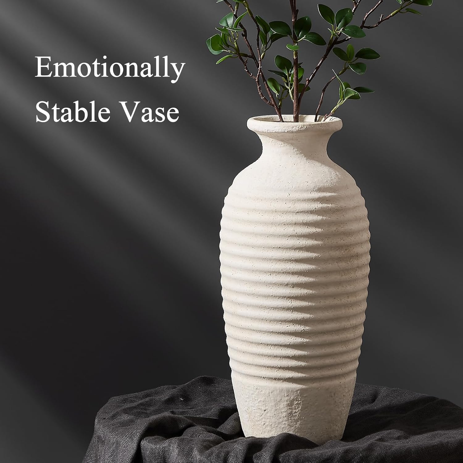 Ceramic Natural Rustic Vase, 14.4 Inch Large Vintage Flower Threaded Decorative Farmhouse Tall Vase for Home Decor, Living Room, Shelf Decor, Wedding, Housewarming Gift, Off-White - Image 3