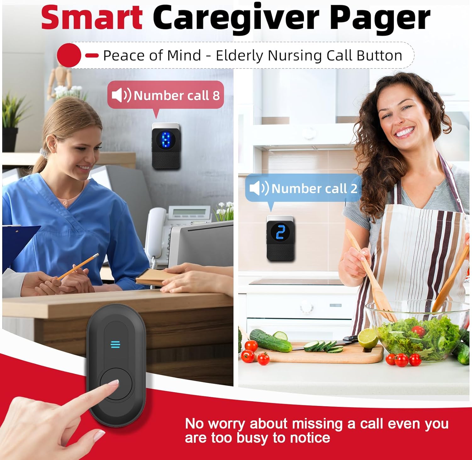 CallToU Caregiver Pager Wireless Call Button System Call Bell Alert Button Wireless Calling System for Elderly at Home/Deaf Eldrely/Clinic/Medical Institution/Nursing Home (CC22WH 8-1) - Image 2