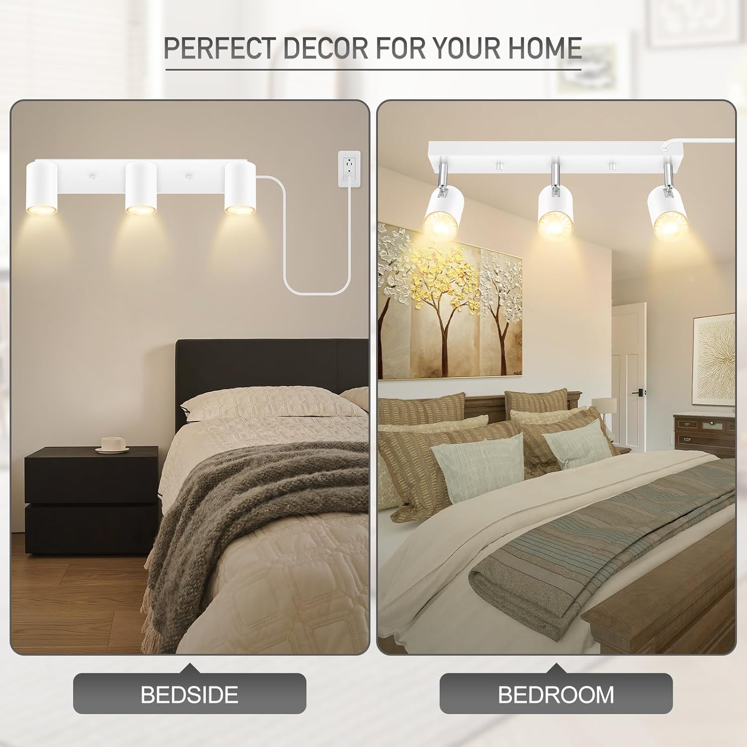 Plug in Track Lighting, 3 Light Ceiling Lighting Kit, White 3 Way Modern Wall Spotlight, 15 FT Cord,Flexibly Rotatable Complete Light Kits for Kitchen Cabinet Gallery Bar Living Room（No Bulb）