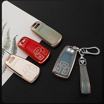 RYE 2Pack TPU Car Key Fob Cover for Audi,3 Buttons Remote Control Smart Key Case with Leather Keychain, Compatible with Audi A4/A5/Q7/Q5/TT/TTS/S4,etc-Blue&White
