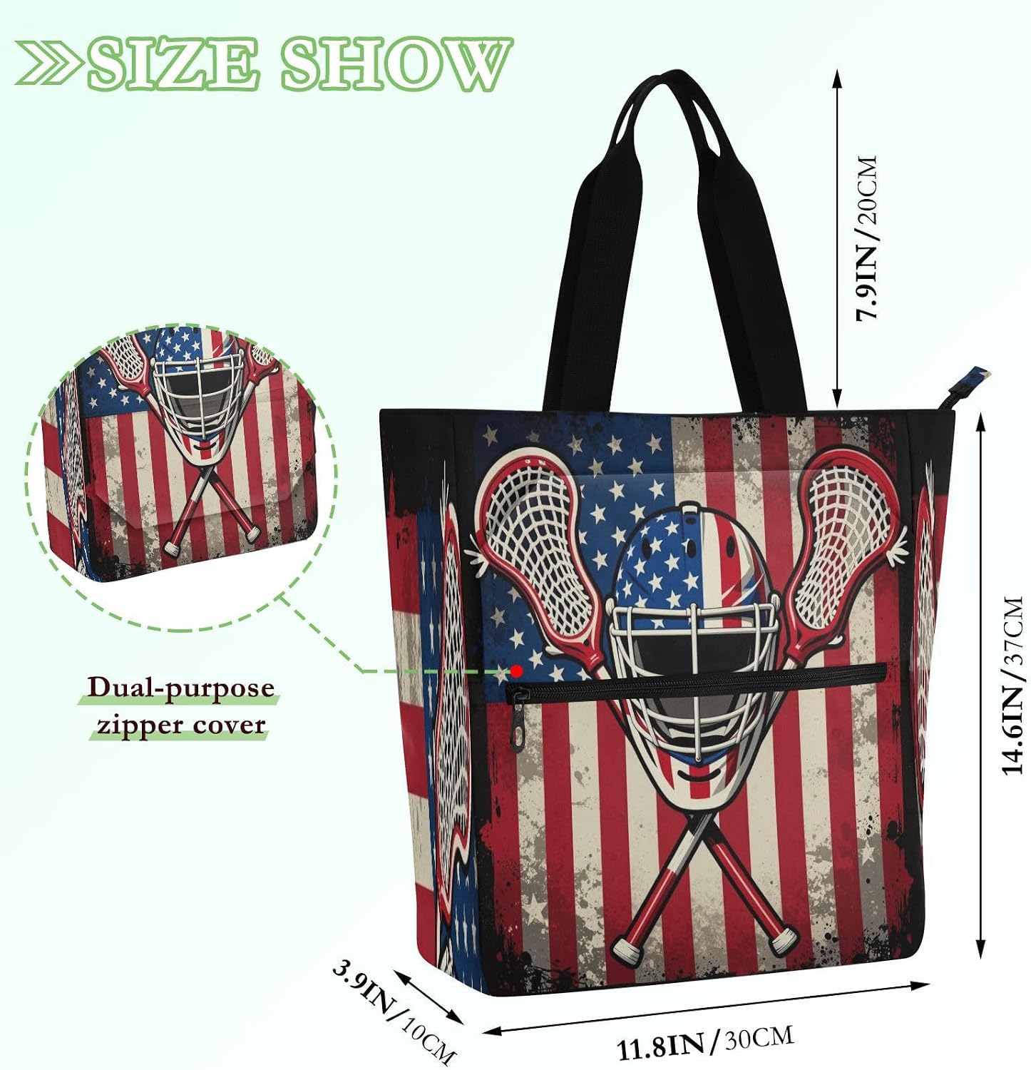 decorative Books Totes Book Bagfor Kids Boys Girls American Flag Us Lacrosse Player Large School Beach Bag with Zipper for School Work Travel