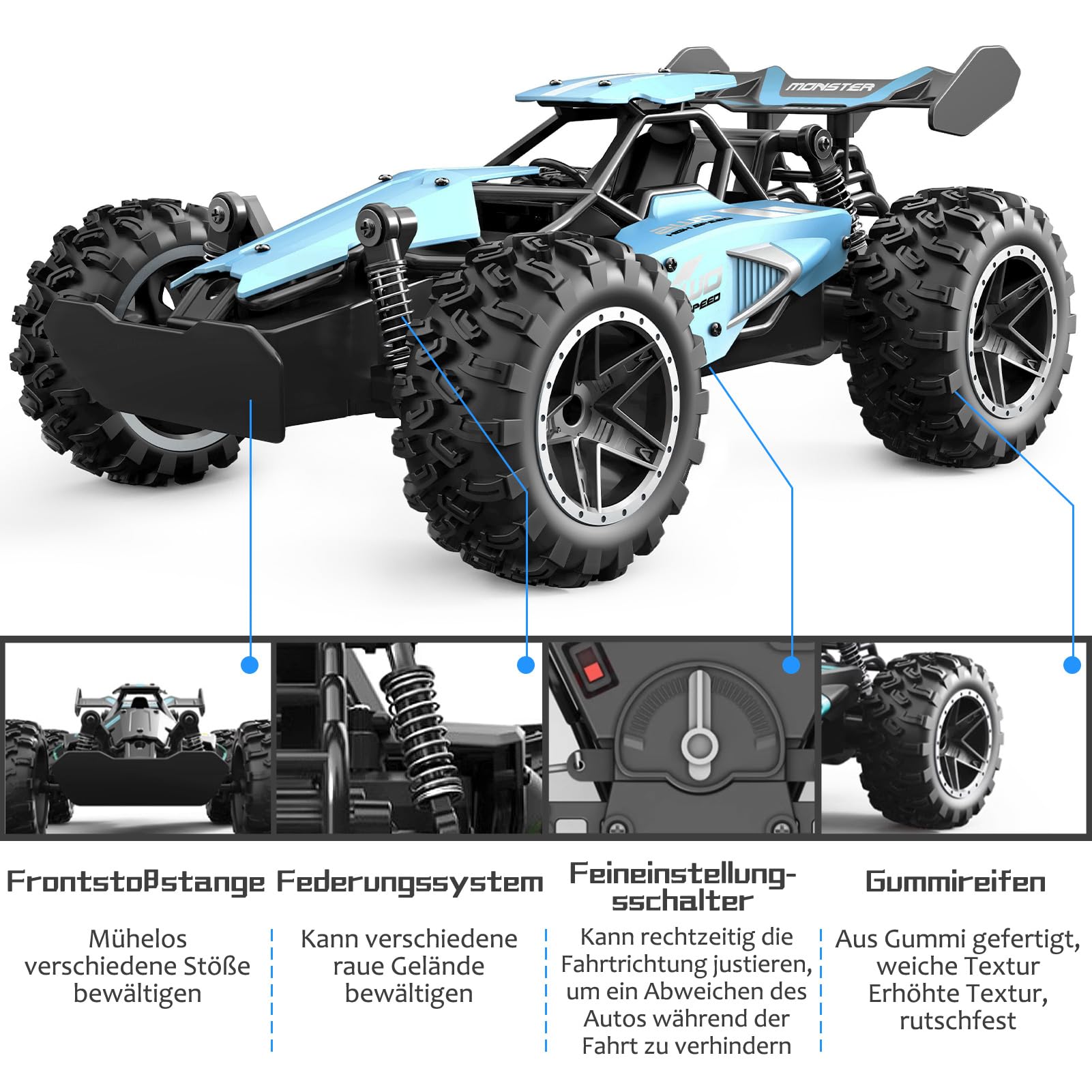 Zdalnie Sterowany Samochód, 2,4 GHz 1:18, proporcjonalny 2WD 20+ km/h, Hobby, Offroad RC Auto, Wodoszczelny, RC Car dla dzieci ab 6 lat,Niebieski