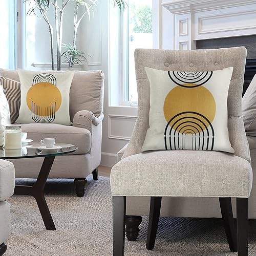 Miniatura 8 de Juego de 4 fundas de almohada de 18 x 18 pulgadas, patrón abstracto amarillo de mediados de siglo, moderno, simple, geométrico, círculo, rayas