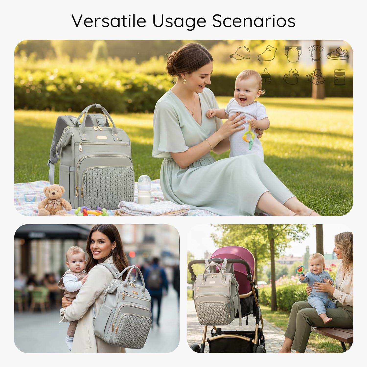 AIJIEKE Diaper Bag, Large Wide-Open Baby Diaper Backpack, Multi-functional Baby Travel Tote Bag, Diaper Bag with Changing Pad, Diaper Bags for Mom & Maternity (Grey) - Image 3