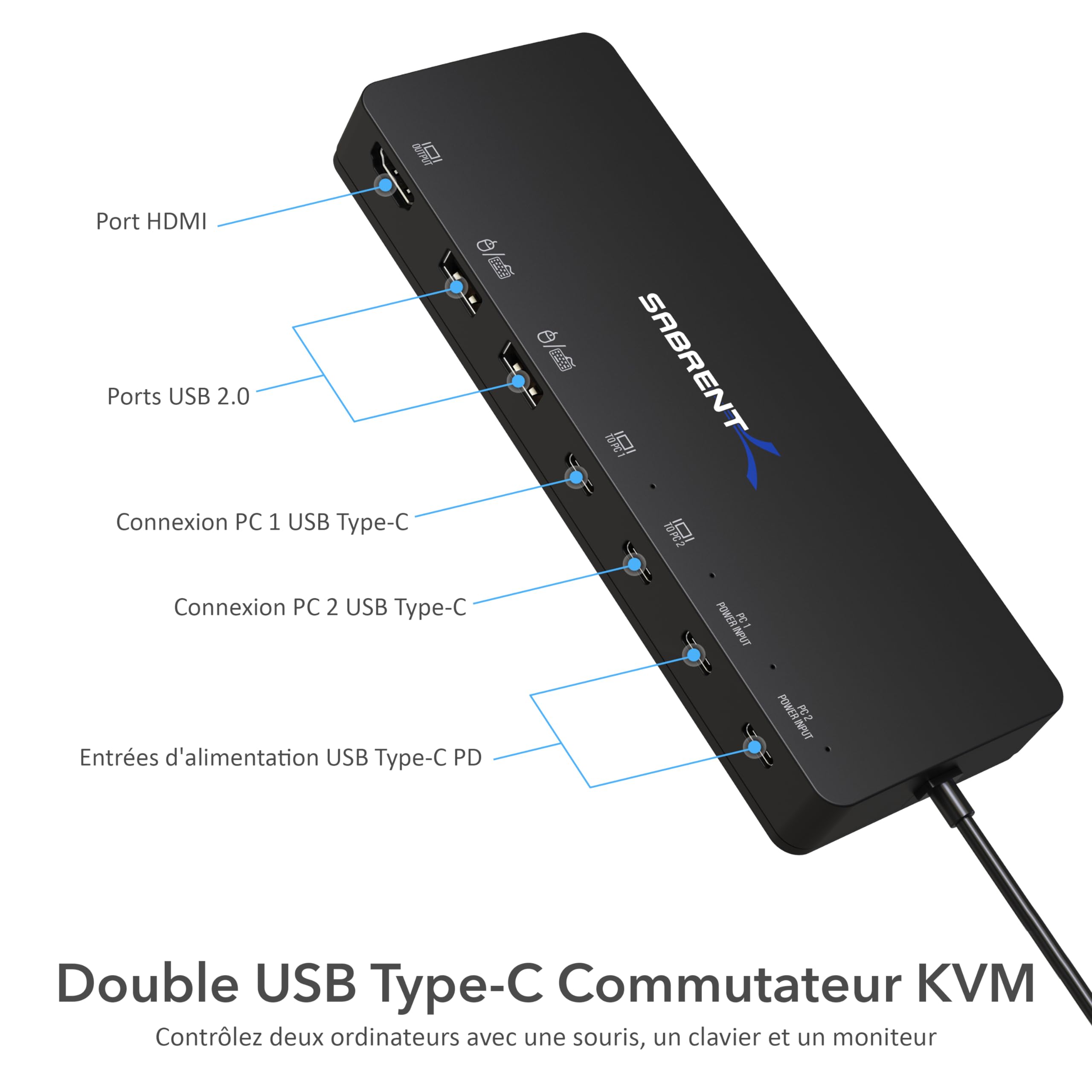 SABRENT commutateur KVM 2 Ports USB Type-C avec Alimentation 60 Watts (USB-KPCD)