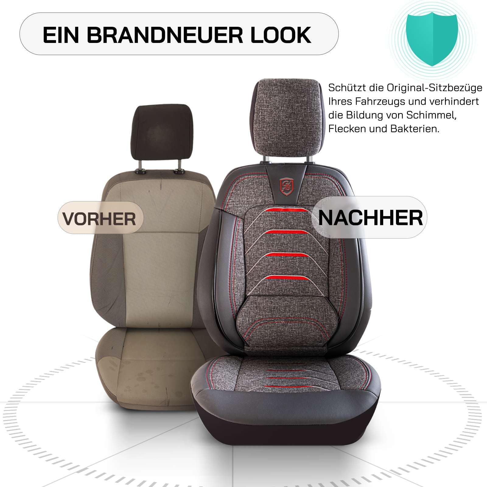 Autositzbezüge Universal für PKW & SUV - Premium Vordersitze Auto Sitzbezug aus Leinen, Rauchgrau-Rot, Airbag-Kompatibel Sitzauflage, Autoschonbezug, Vordersitz-Set inkl. Montageset