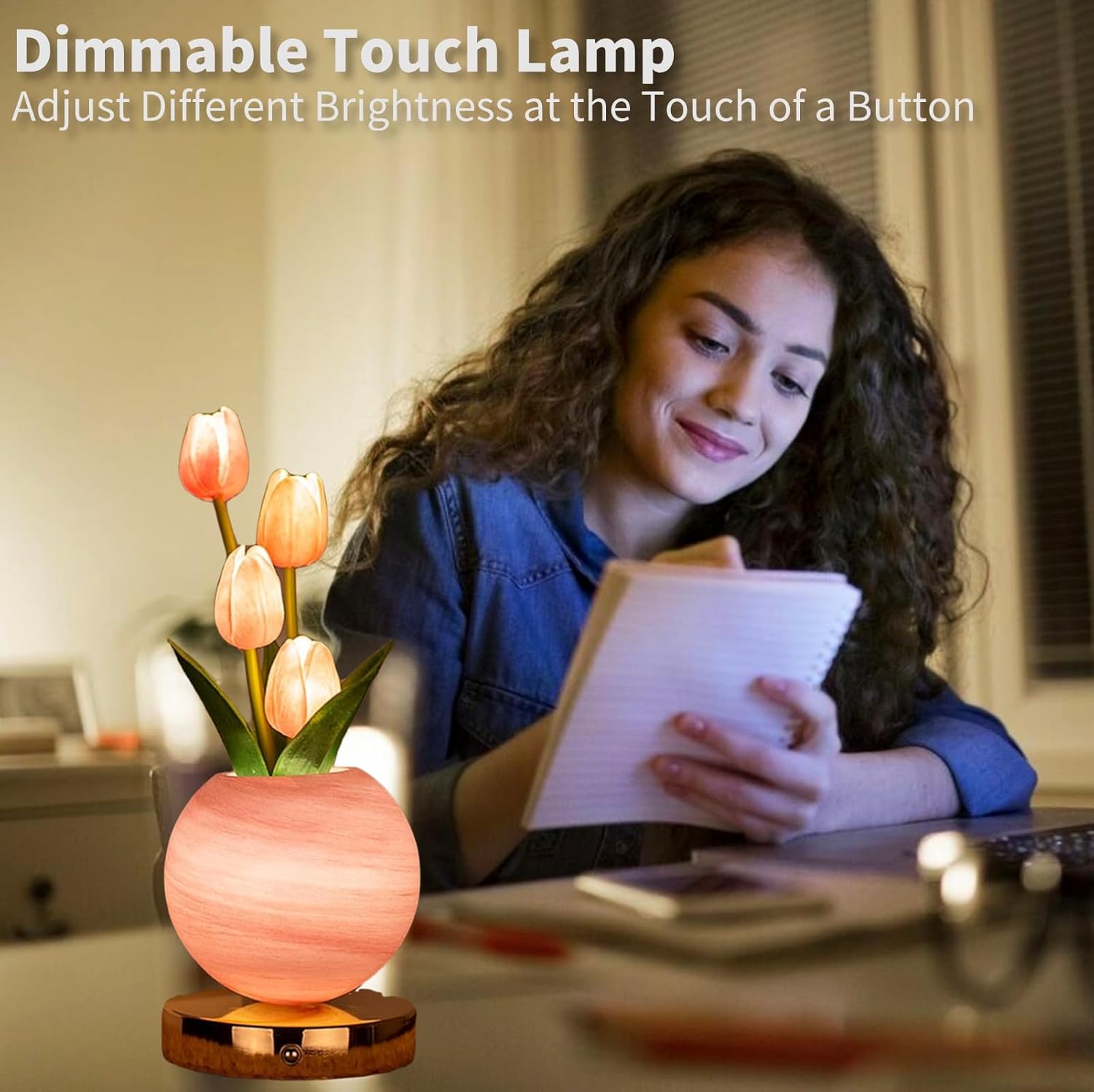 Tulip Table Lamp, Dimmable Touch Flower Bedside Lamp with 3 Color Temperatures USB Rechargeable Desk Lamp for Bedroom, Living Room,Girl Women Mom (Pink)