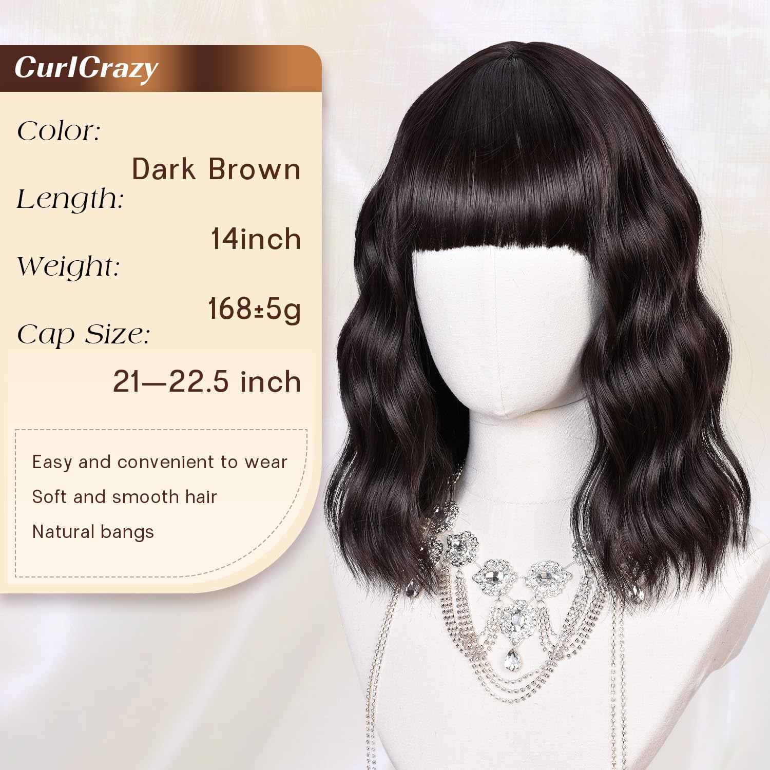 Short Wavy Wig with Bangs for Women Dark Brown Bob Wavy Wig Shoulder Length Curly Hair Silky Soft Synthetic Hair Black Wigs for Girls Daily Party Use