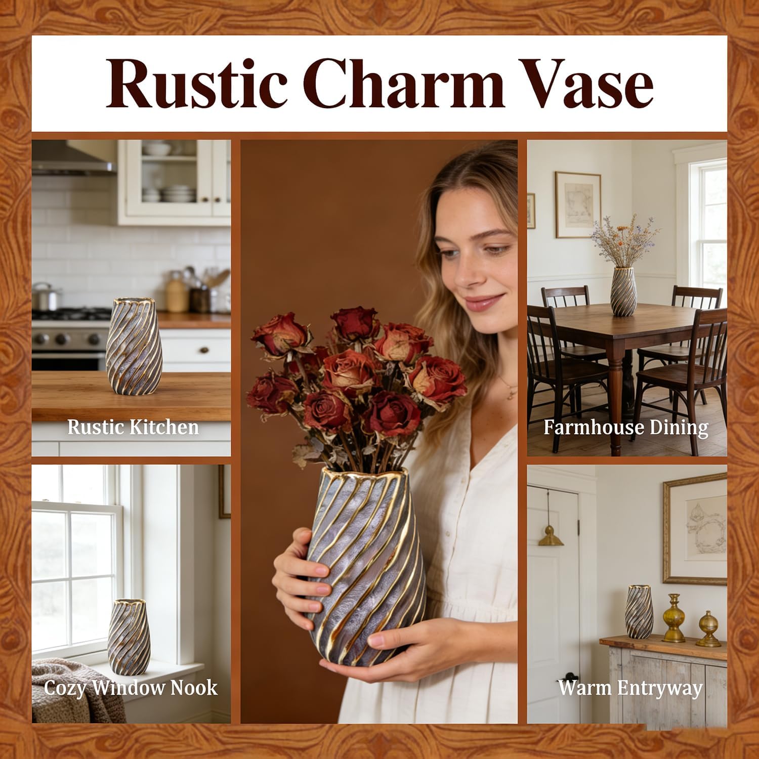Matte Ceramic Vase with Electroplated Gold Spiral Patterns – Vintage & Rustic Country Style Flower Vase Home Decor.