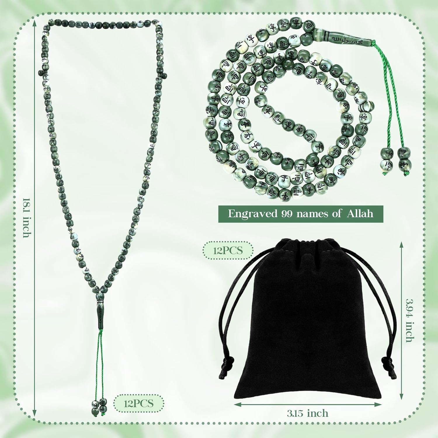 12 Sets Muslim Tasbih 99 Rosary Beads 8mm Green Islam Prayer with Allah Names Engraved Ramadan Muslim Gift, Islamic Ceremony Religious Eid Ramadan Gift for Men and Women(Green) - Image 3