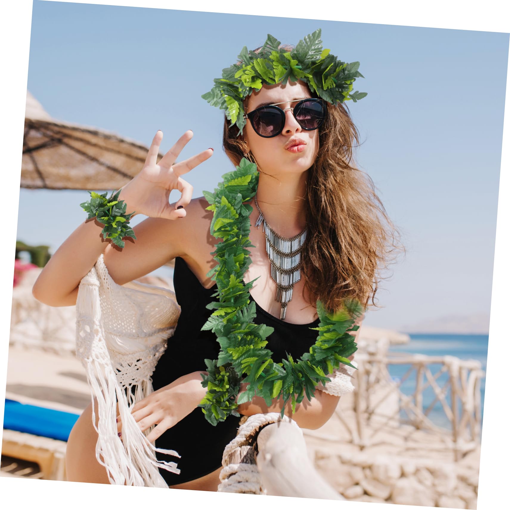 4Pcs Hawaiian Tropical Decoration Set, Realistic Fern Green Leaf Garland with Headband, Necklace and 2 Wristbands - Image 3