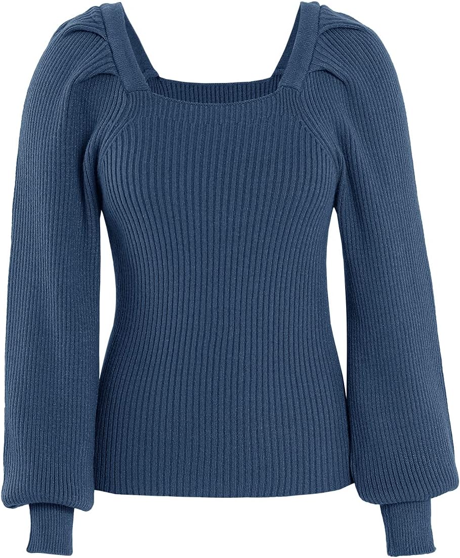 Women Square Neck Solid Color Fluffy Sleeve Sweater Chunky Knitted Fashion Retro Pullover