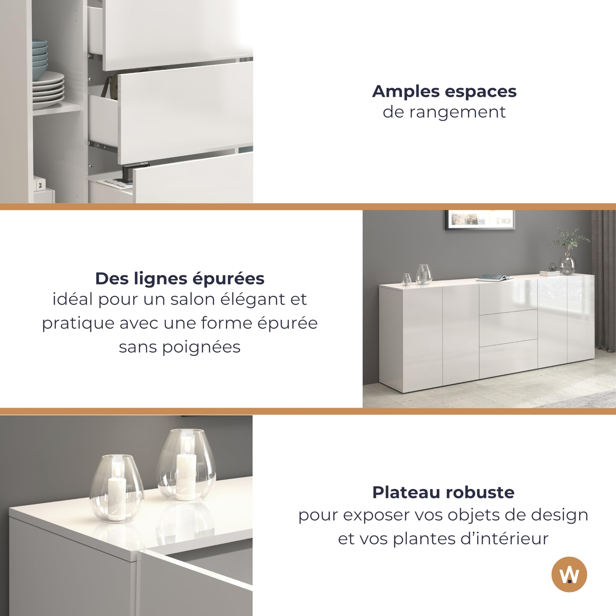 WHOUS Buffet Egypt pour Salon ou séjour, 200 x 40 x 80 cm, Bahut Moderne à 4 Portes et 3 tiroirs, Blanc Brillant