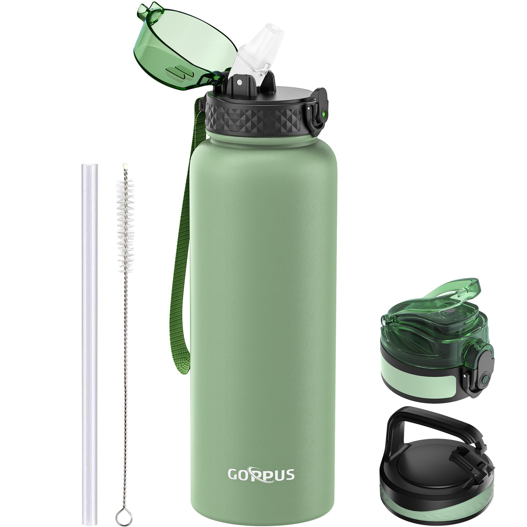 GOPPUS 1.2L/40oz Stainless Water Bottle with Straw Double Wall Insulated Bottles with Strap Large Vacuum Thermal Flask Leakproof Keep Cold Drinks Bottles with Flip Top Lid for Men Women BPA Free