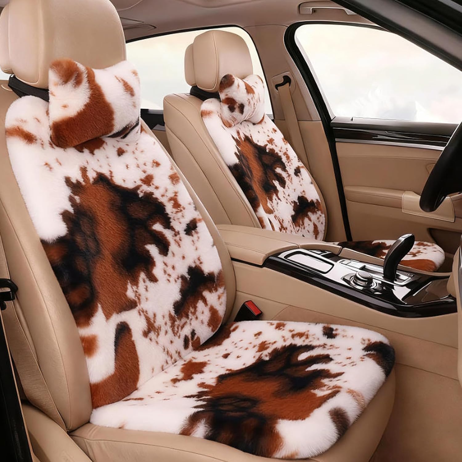 Faux Sheepskin Seat Covers, Cow Print Soft Seat Protectors, Thickened Plush Car Seat Cushion Set,Front Seat Covers Universal Fit Most Car SUV Truck Van (Brown)