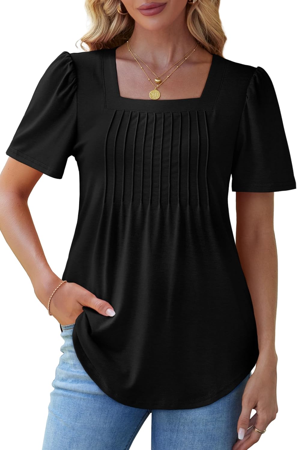 OFEEFAN T Shirts for Women Pleated Square Neck Dressy Casual Blouses Puff Short Sleeve Summer Tops Loose Fit - Image 3