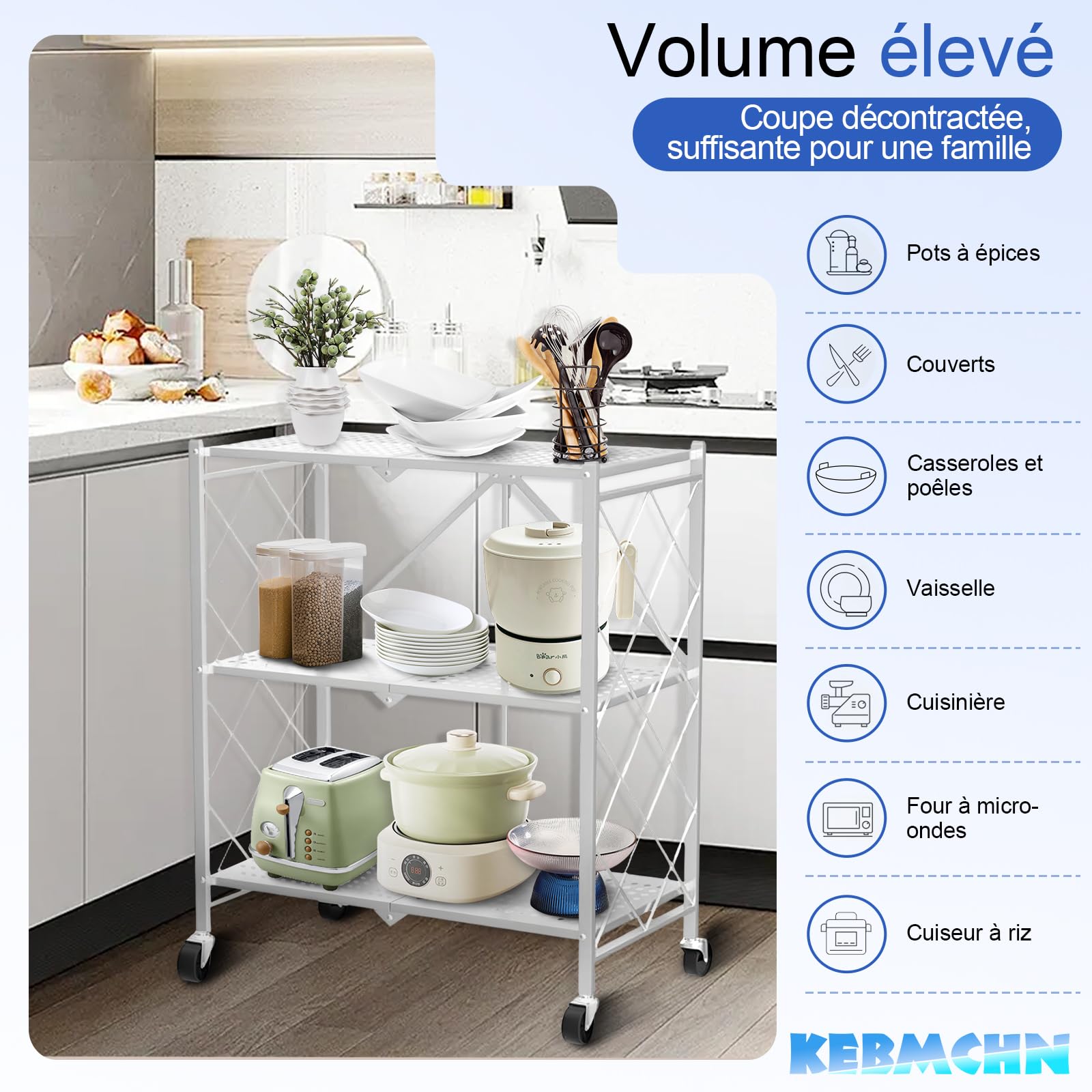 Étagère de Rangement 3 Étage Métallique Pliable avec roulettes, Tablette Autoportante, Chariot de Stockage Pliable 71,5 x 36,5 x 87 cm pour Cuisine, Bureau ou Buanderie (Blanc)