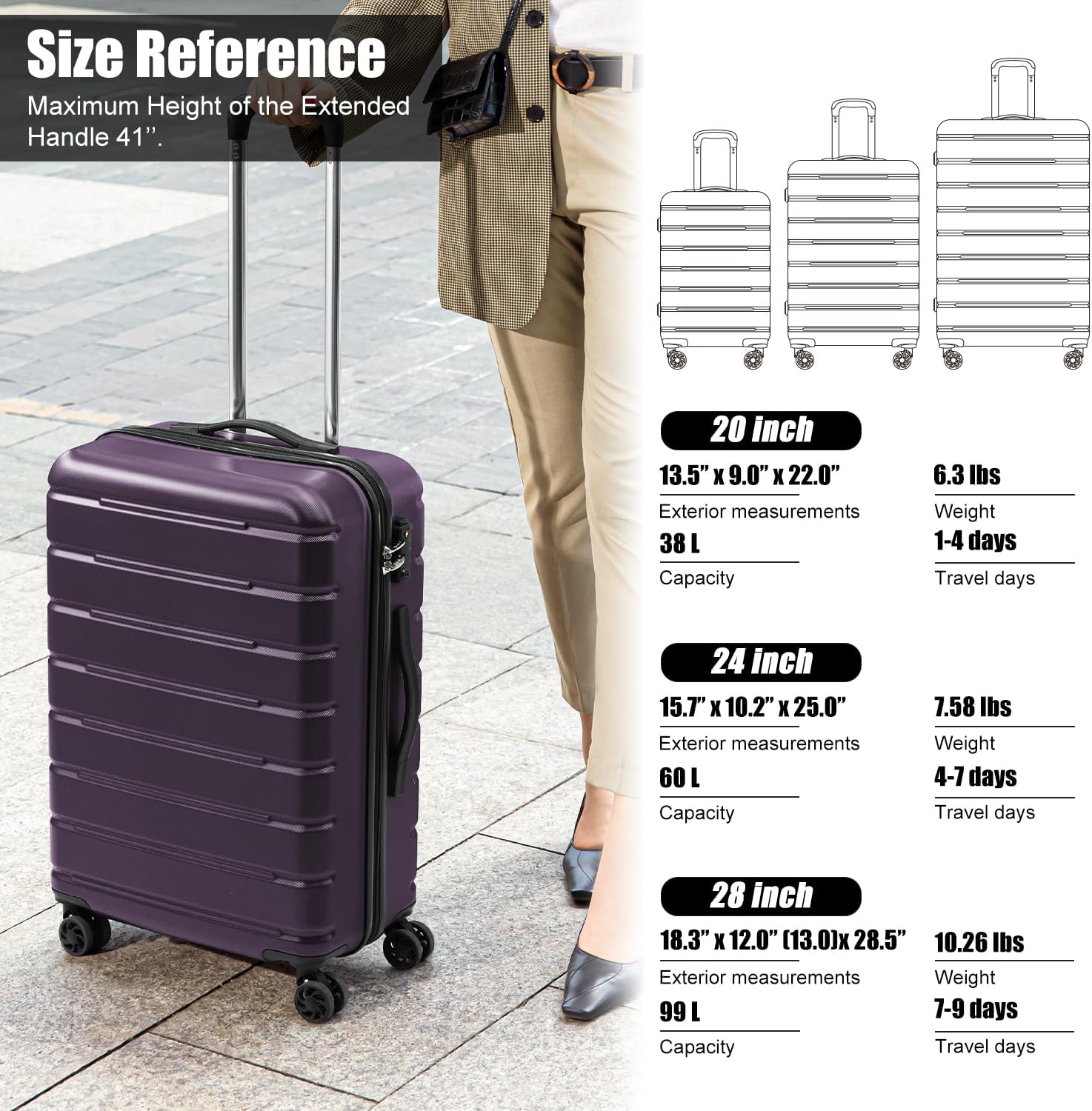 Coolife Luggage 3 Piece Set Suitcase Spinner ABS+PC Hardshell Lightweight TSA Lock USB Port, 20in 24in 28in Carry on Expandable (only 28’’), Purple - Image 7